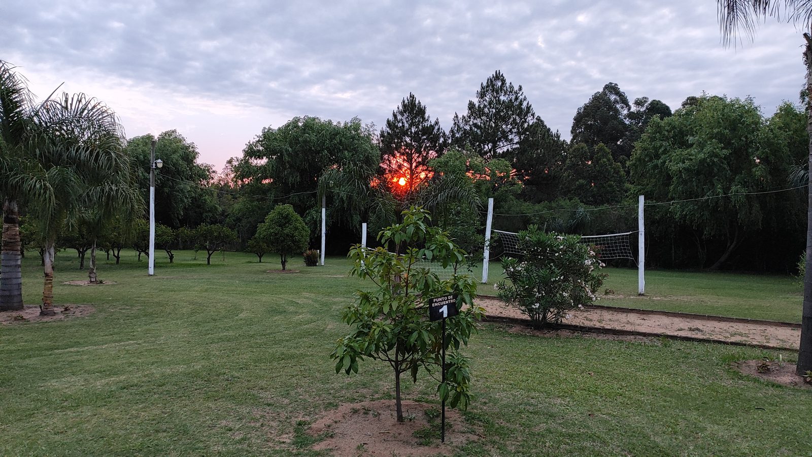 Parque arbolado de Dakota al atardecer con cancha de vóley